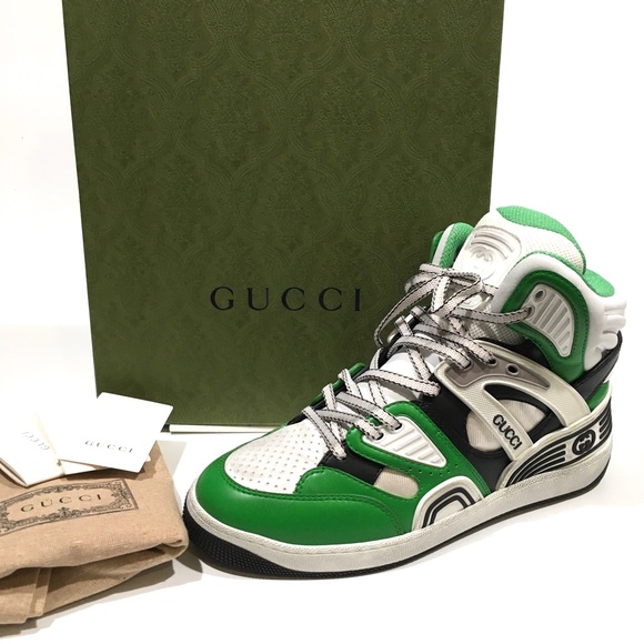 GUCCI Basket High Top Basketball Sneakers -White Green Black